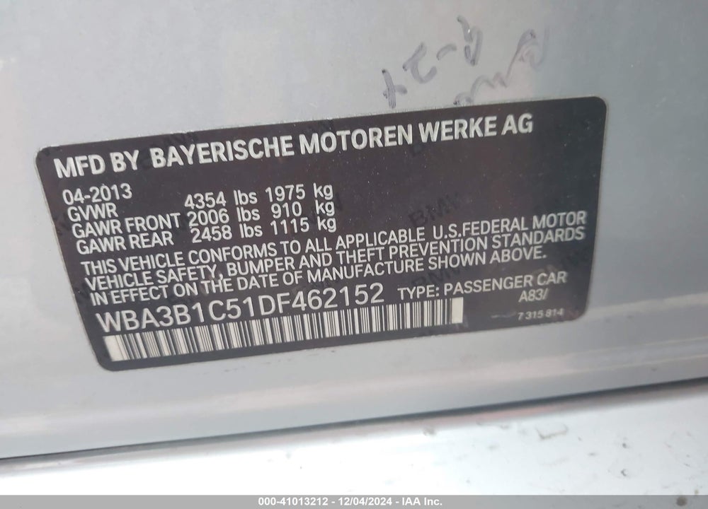 2013 BMW 320I VIN: WBA3B1C51DF462152