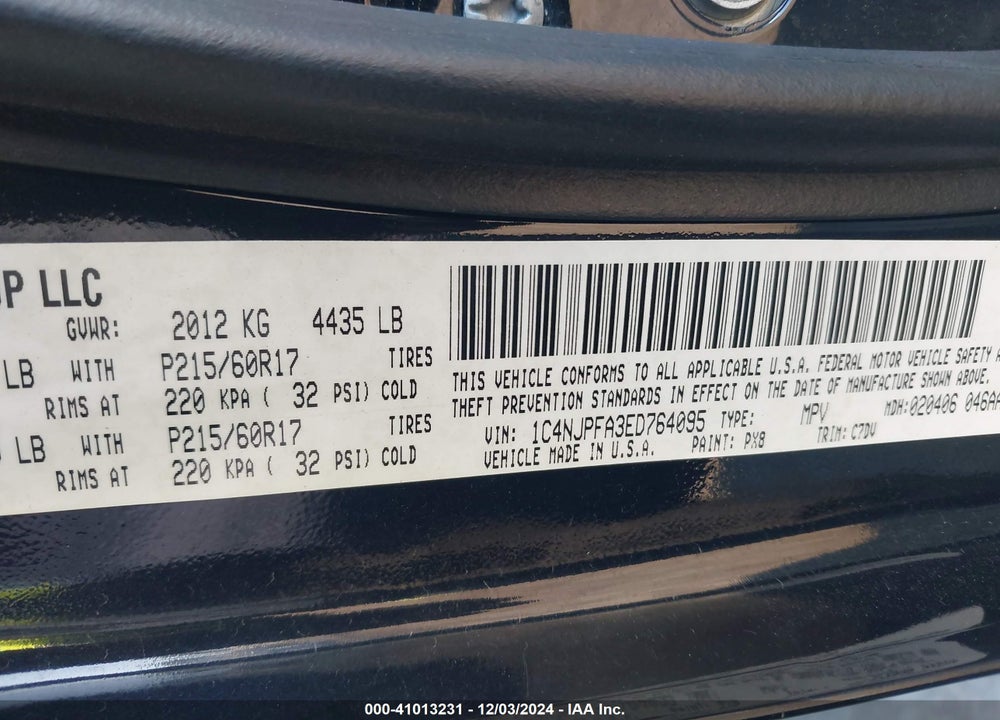 2014 JEEP PATRIOT LATITUDE VIN: 1C4NJPFA3ED764095