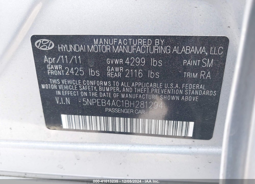 2011 HYUNDAI SONATA GLS VIN: 5NPEB4AC1BH281294