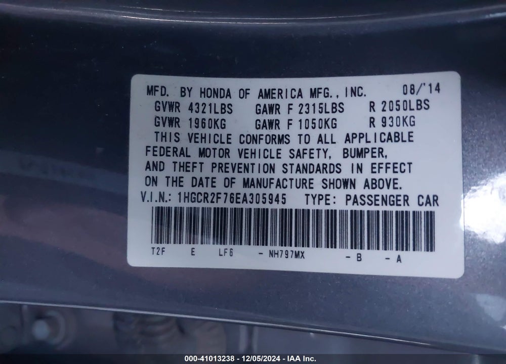 2014 HONDA ACCORD VIN: 1HGCR2F76EA305945