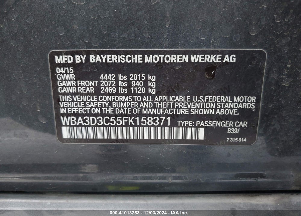 2015 BMW 328D VIN: WBA3D3C55FK158371