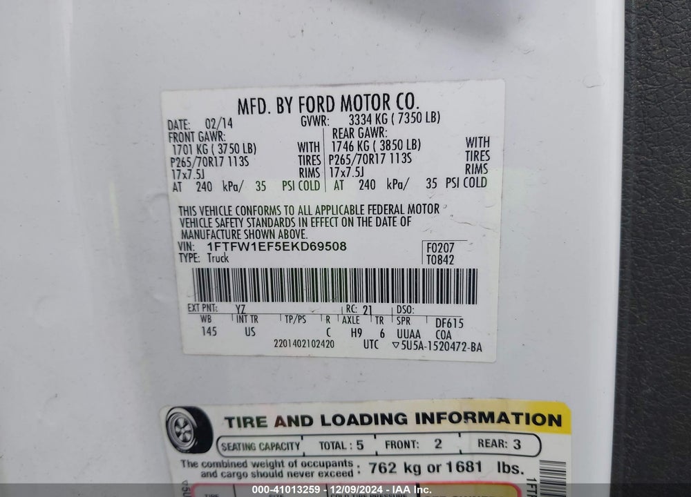 2014 FORD F-150 XL VIN: 1FTFW1EF5EKD69508