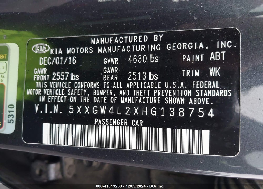 2017 KIA OPTIMA VIN: 5XXGW4L2XHG138754