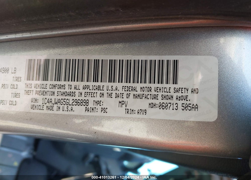 2016 JEEP WRANGLER SPORT VIN: 1C4AJWAG5GL296898
