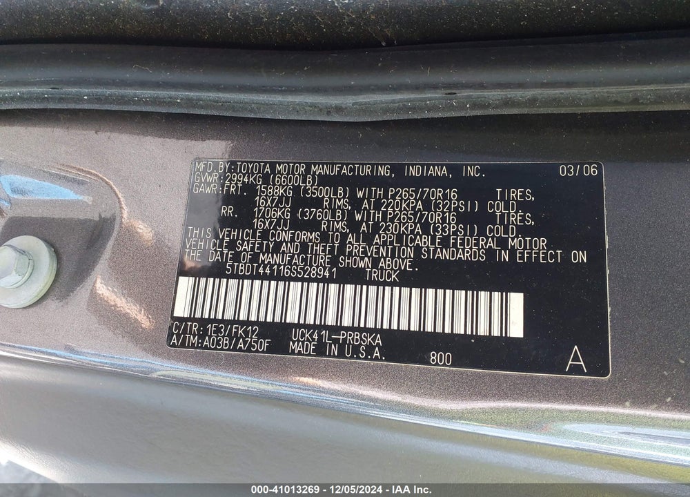 2006 TOYOTA TUNDRA VIN: 5TBDT44116S528941