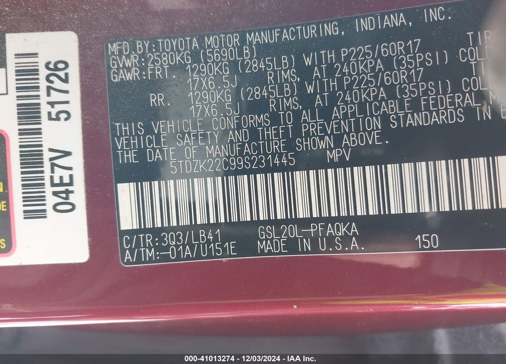 2009 TOYOTA SIENNA XLE VIN: 5TDZK22C99S231445