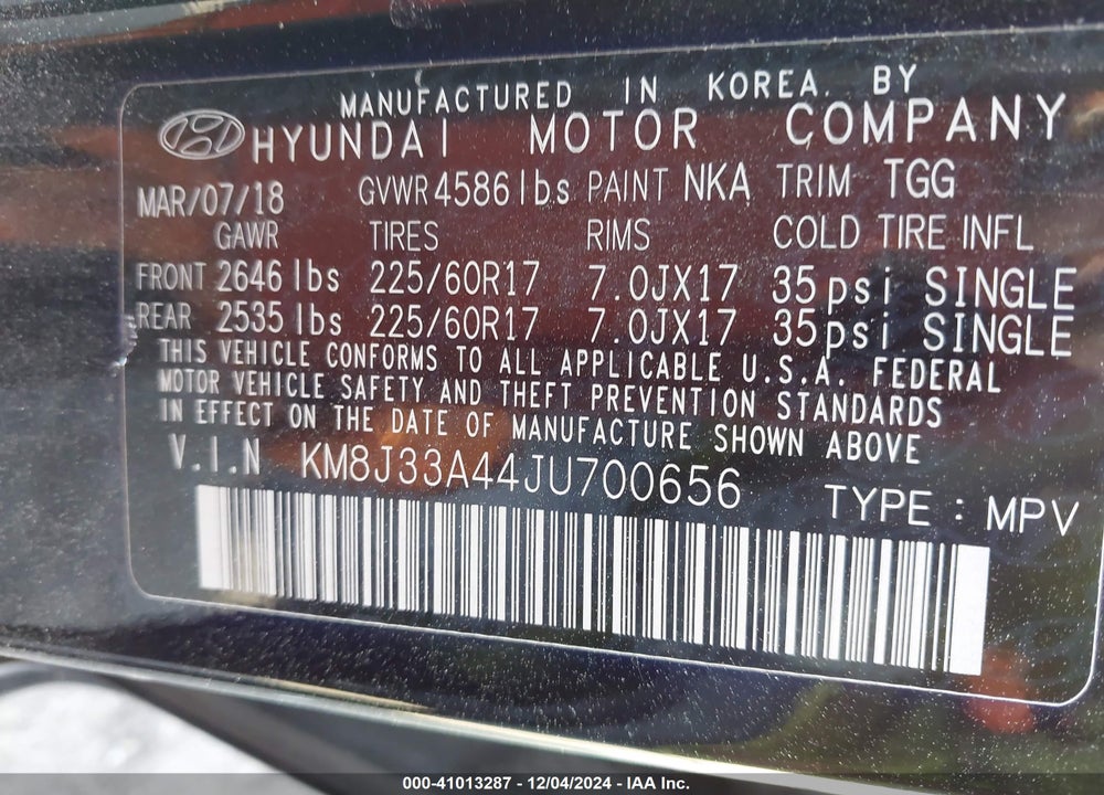 2018 HYUNDAI TUCSON SEL VIN: KM8J33A44JU700656