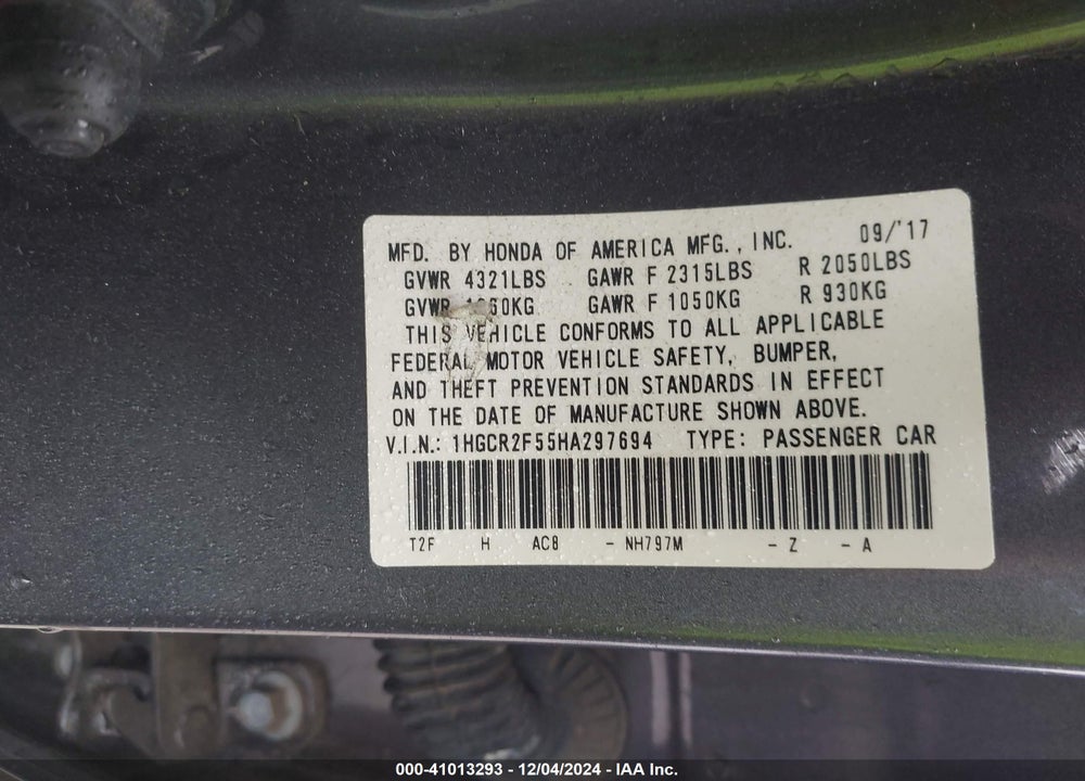 2017 HONDA ACCORD SPORT VIN: 1HGCR2F55HA297694