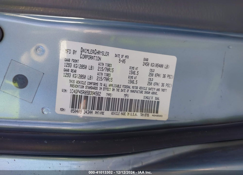 2005 CHRYSLER TOWN & COUNTRY VIN: 1C4GP45R85B394562