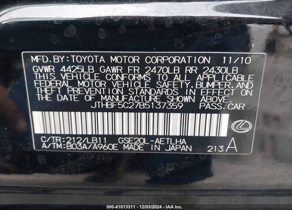 2011 LEXUS IS 250 VIN: JTHBF5C27B5137359