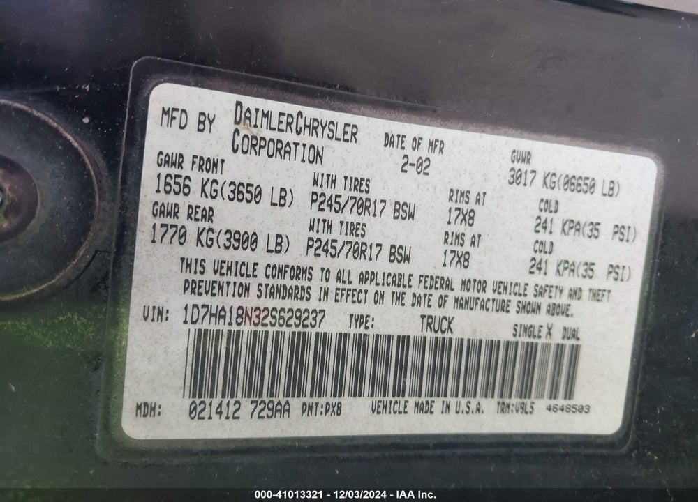 2002 DODGE RAM 1500 ST VIN: 1D7HA18N32S629237