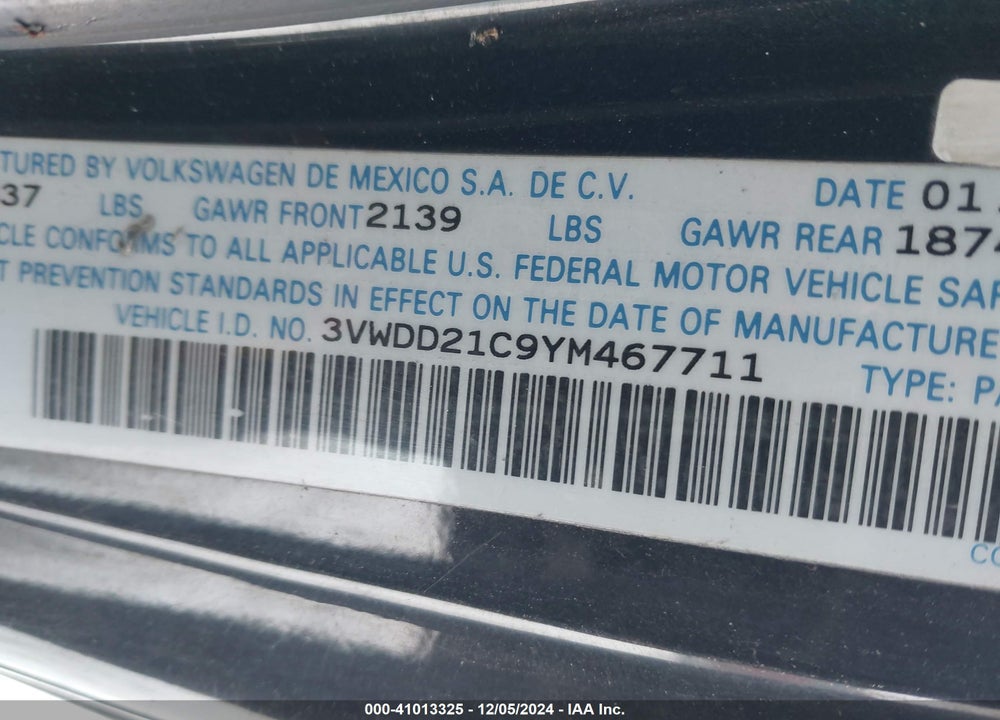 2000 VOLKSWAGEN NEW BEETLE GLX VIN: 3VWDD21C9YM467711