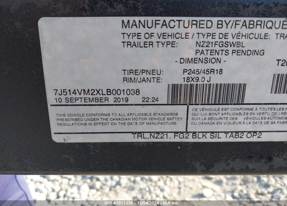 2023 FABRIQUE BOAT TRAILER VIN: 7J514VM2XLB001038