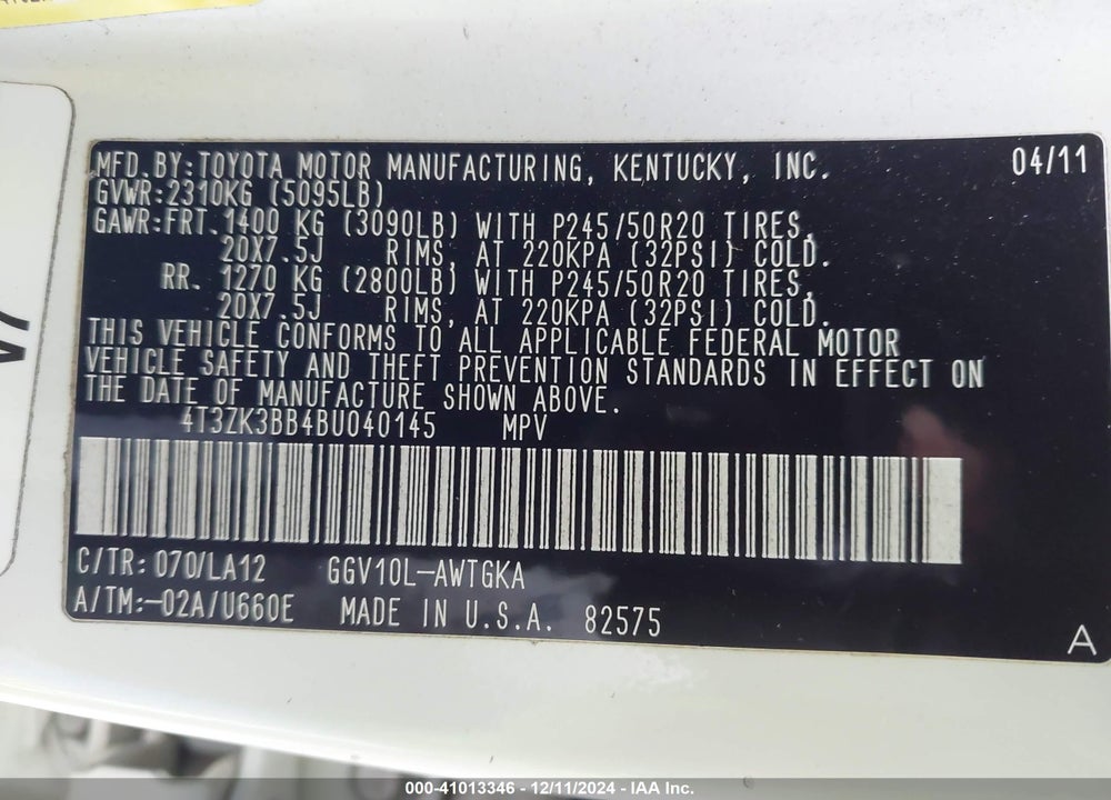 2011 TOYOTA VENZA VIN: 4T3ZK3BB4BU040145