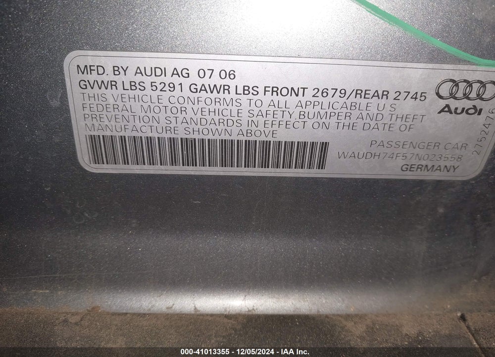 2007 AUDI A6 3.2 VIN: WAUDH74F57N023558