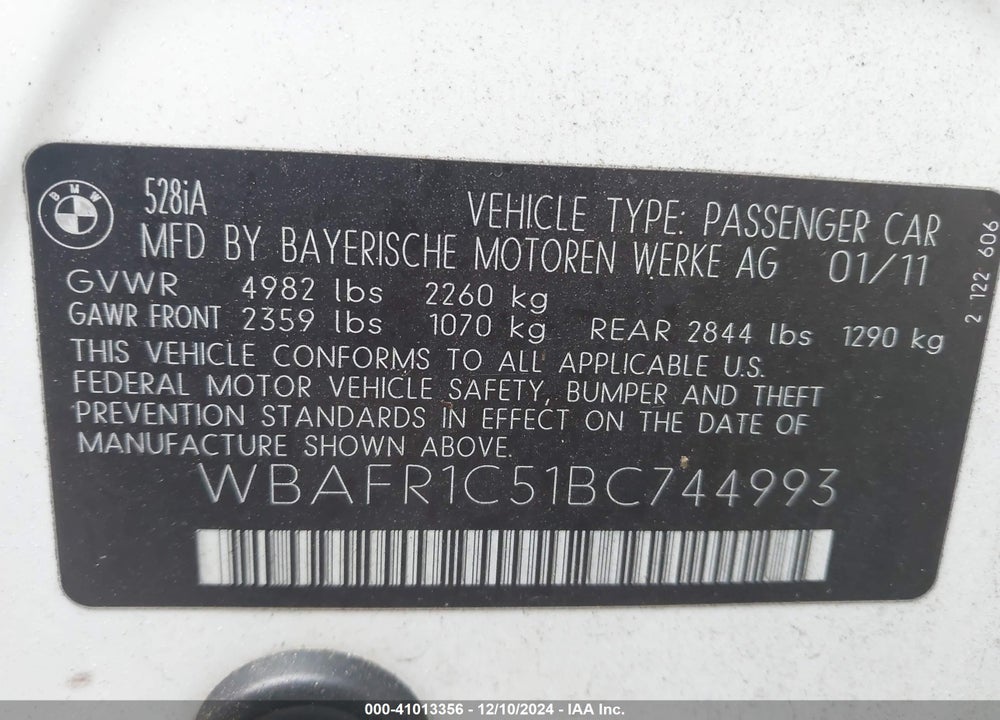 2011 BMW 528I VIN: WBAFR1C51BC744993