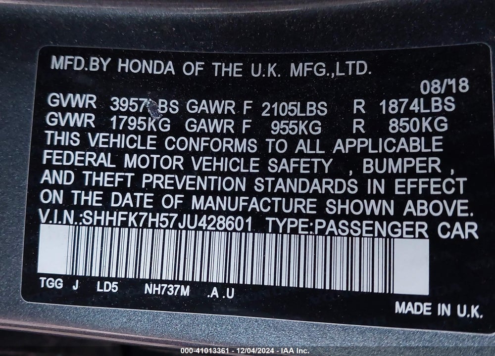 2018 HONDA CIVIC EX VIN: SHHFK7H57JU428601
