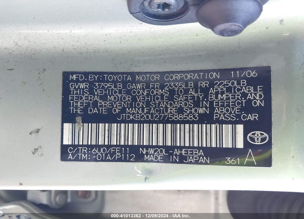 2007 TOYOTA PRIUS VIN: JTDKB20U277588583