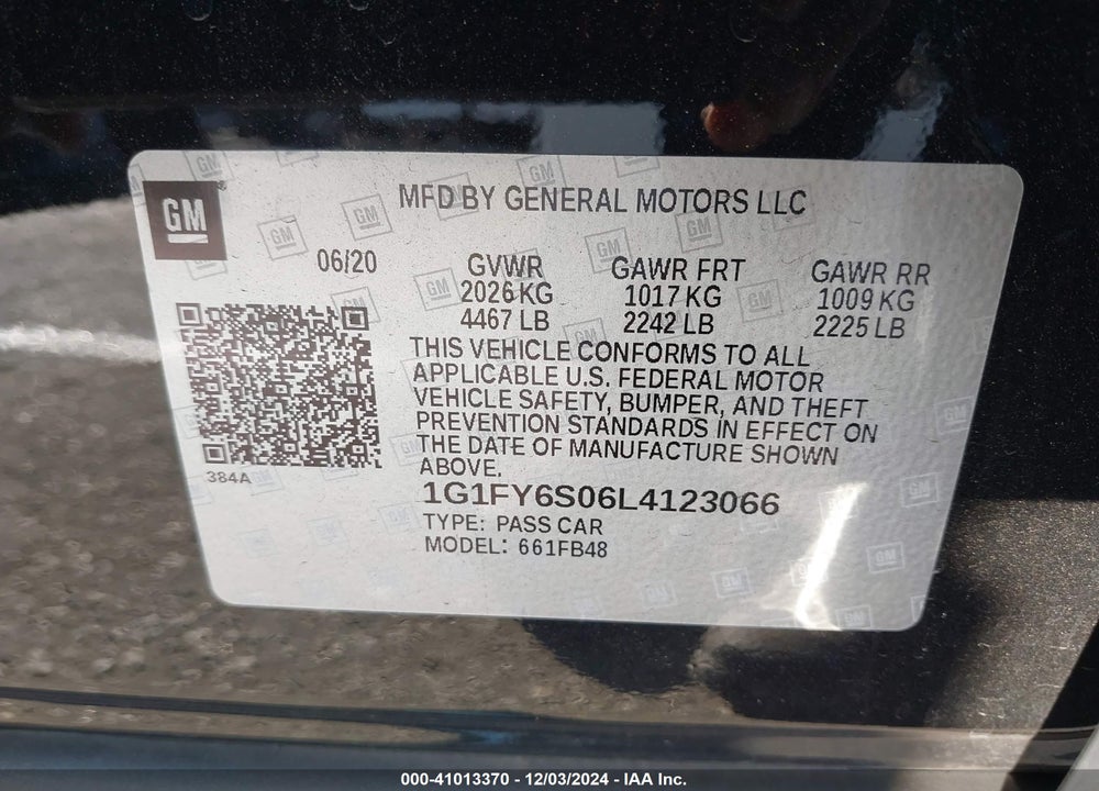 2020 CHEVROLET BOLT EV FWD LT VIN: 1G1FY6S06L4123066