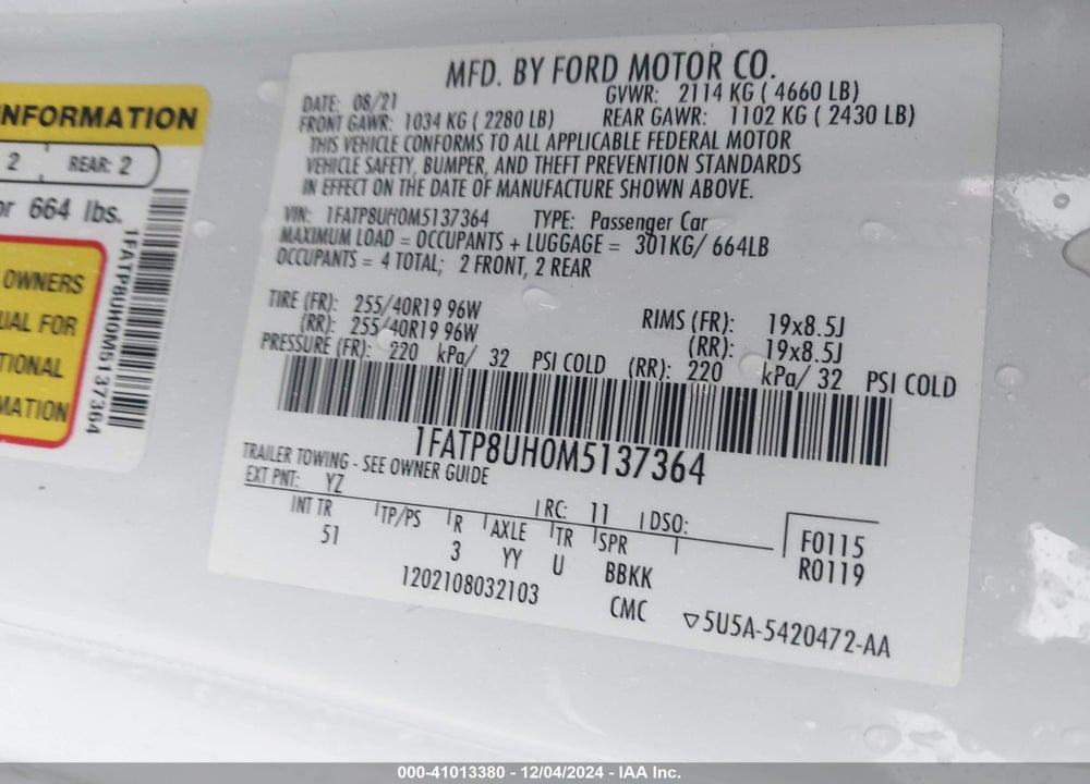 2021 FORD MUSTANG VIN: 1FATP8UH0M5137364