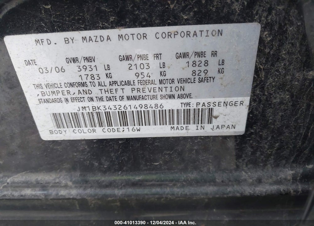 2006 MAZDA 3 S TOURING VIN: JM1BK343261498486