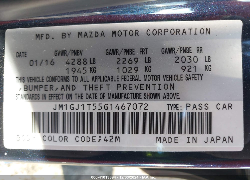 2016 MAZDA 6 I TOURING VIN: JM1GJ1T55G1467072