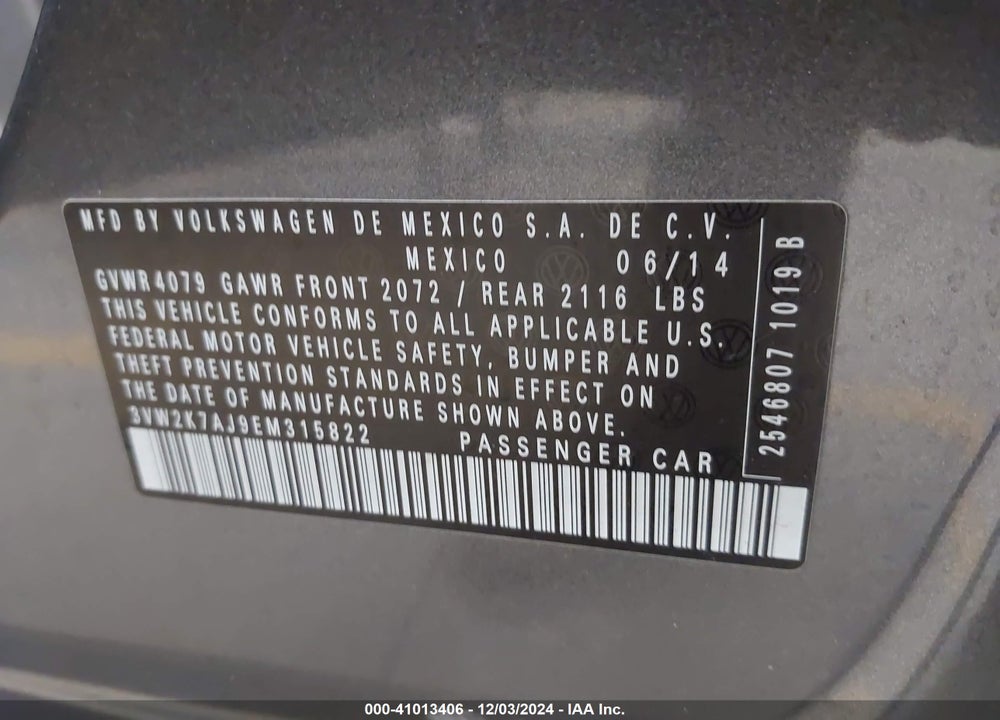 2014 VOLKSWAGEN JETTA 2.0L S VIN: 3VW2K7AJ9EM315822