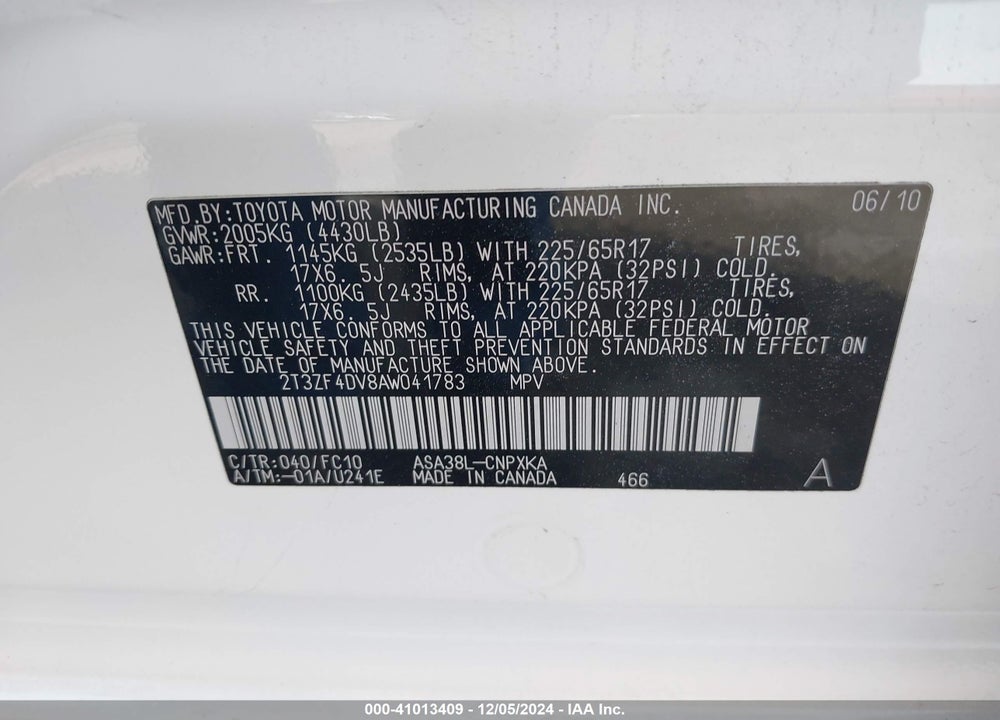 2010 TOYOTA RAV4 VIN: 2T3ZF4DV8AW041783