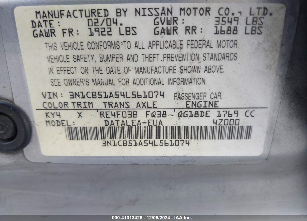 2004 NISSAN SENTRA 1.8S VIN: 3N1CB51A54L561074
