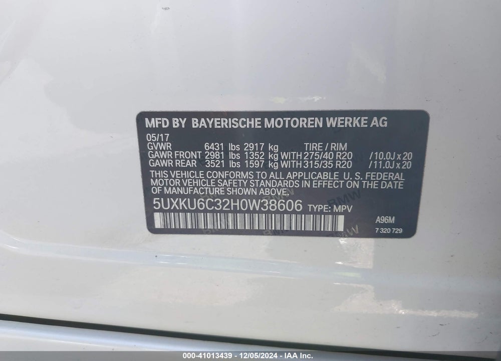 2017 BMW X6 XDRIVE50I VIN: 5UXKU6C32H0W38606
