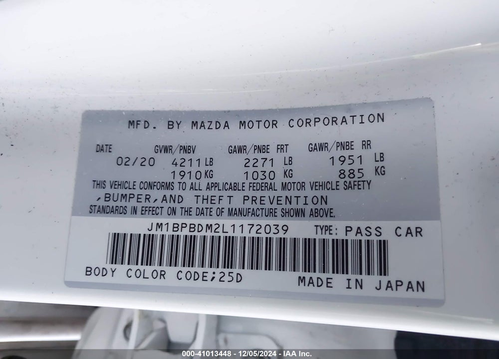 2020 MAZDA 3 PREFERRED PACKAGE VIN: JM1BPBDM2L1172039