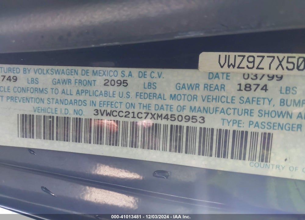 1999 VOLKSWAGEN NEW BEETLE GLS VIN: 3VWCC21C7XM450953