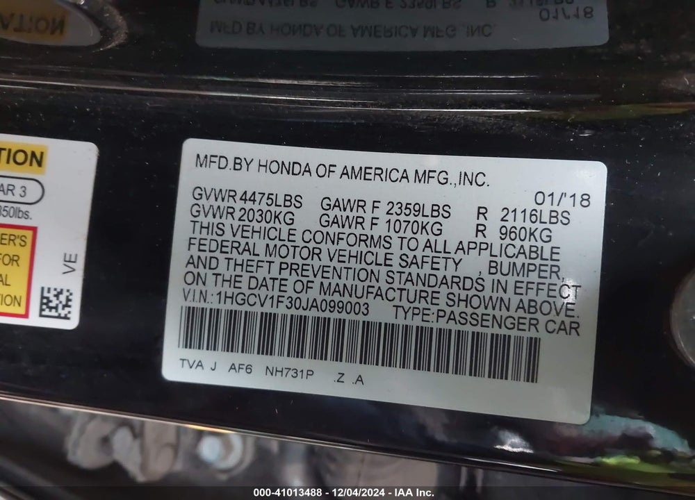 2018 HONDA ACCORD VIN: 1HGCV1F30JA099003