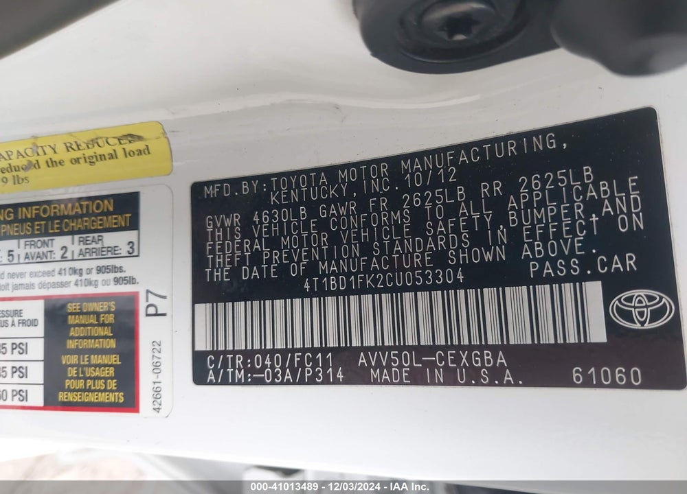 2012 TOYOTA CAMRY HYBRID XLE VIN: 4T1BD1FK2CU053304