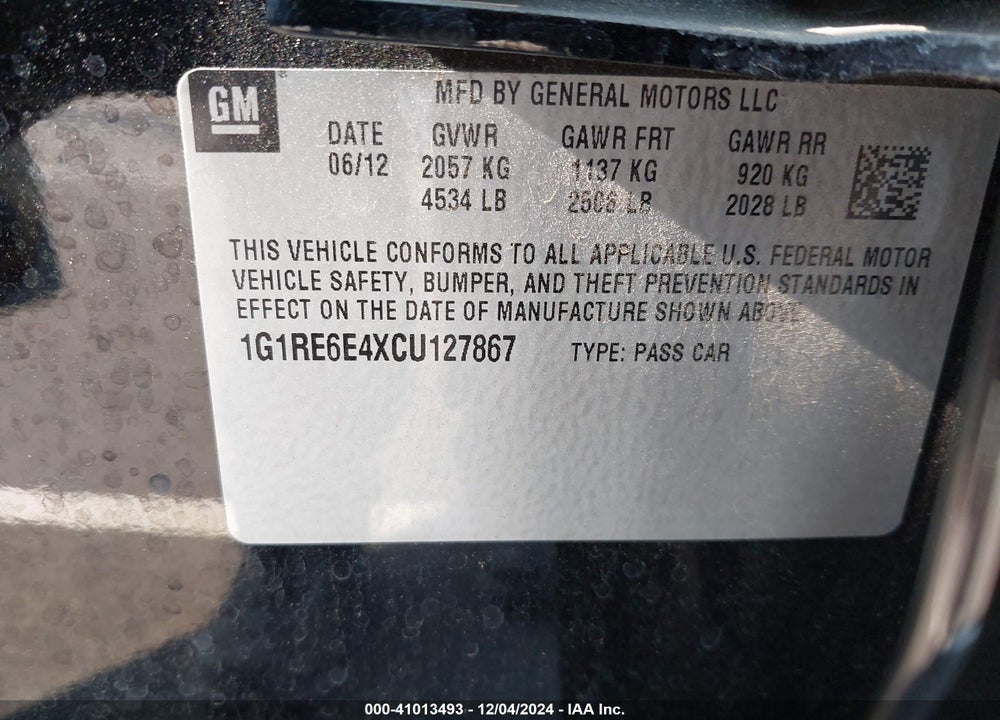 2012 CHEVROLET VOLT VIN: 1G1RE6E4XCU127867
