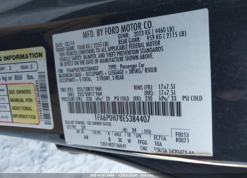 2014 FORD FUSION SE VIN: 1FA6P0H78E5384407