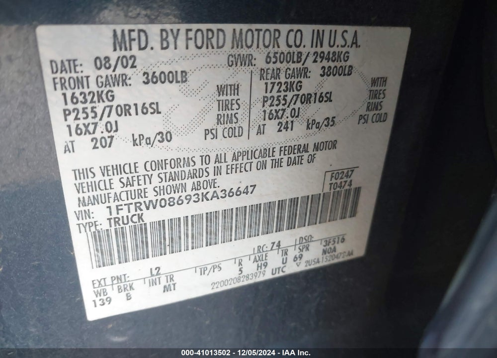 2003 FORD F-150 LARIAT/XLT VIN: 1FTRW08693KA36647