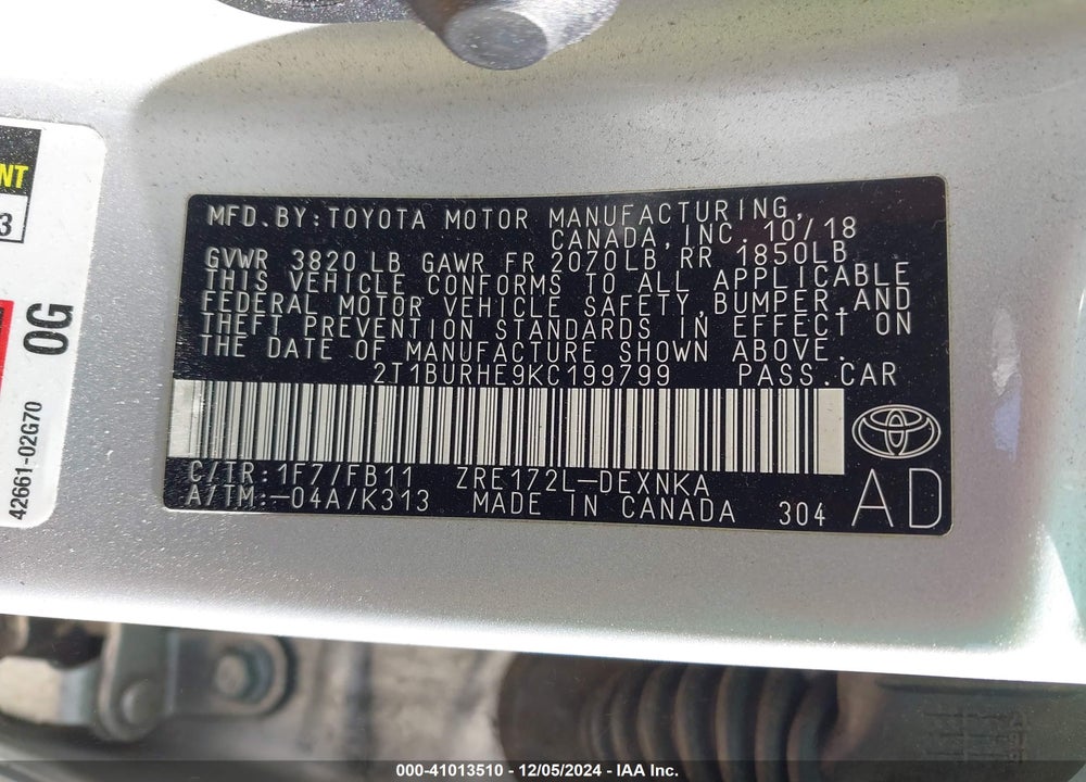 2019 TOYOTA COROLLA LE VIN: 2T1BURHE9KC199799