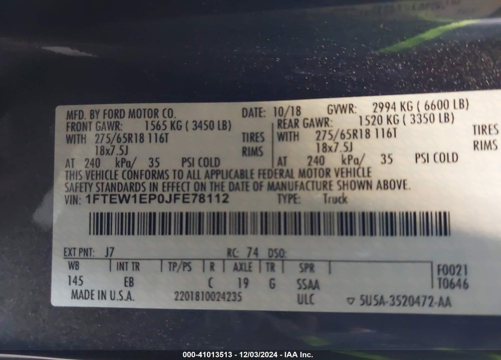 2018 FORD F-150 LARIAT VIN: 1FTEW1EP0JFE78112