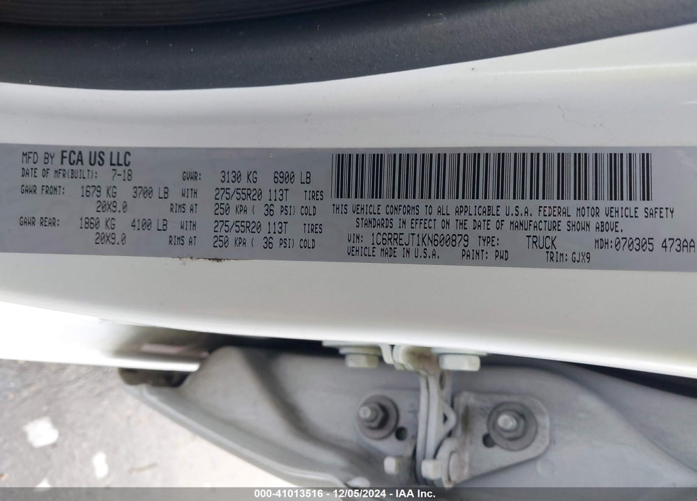 2019 RAM 1500 VIN: 1C6RREJT1KN600879