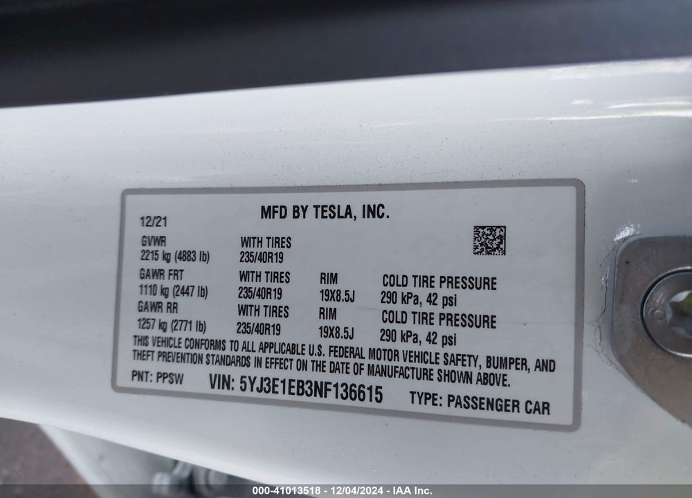 2022 TESLA MODEL 3 LONG RANGE DUAL MOTOR ALL-WHEEL DRIVE VIN: 5YJ3E1EB3NF136615