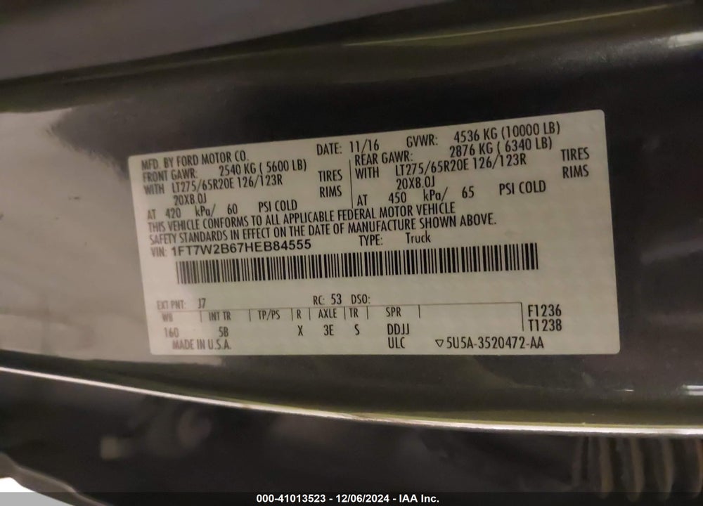 2017 FORD F-250 VIN: 1FT7W2B67HEB84555