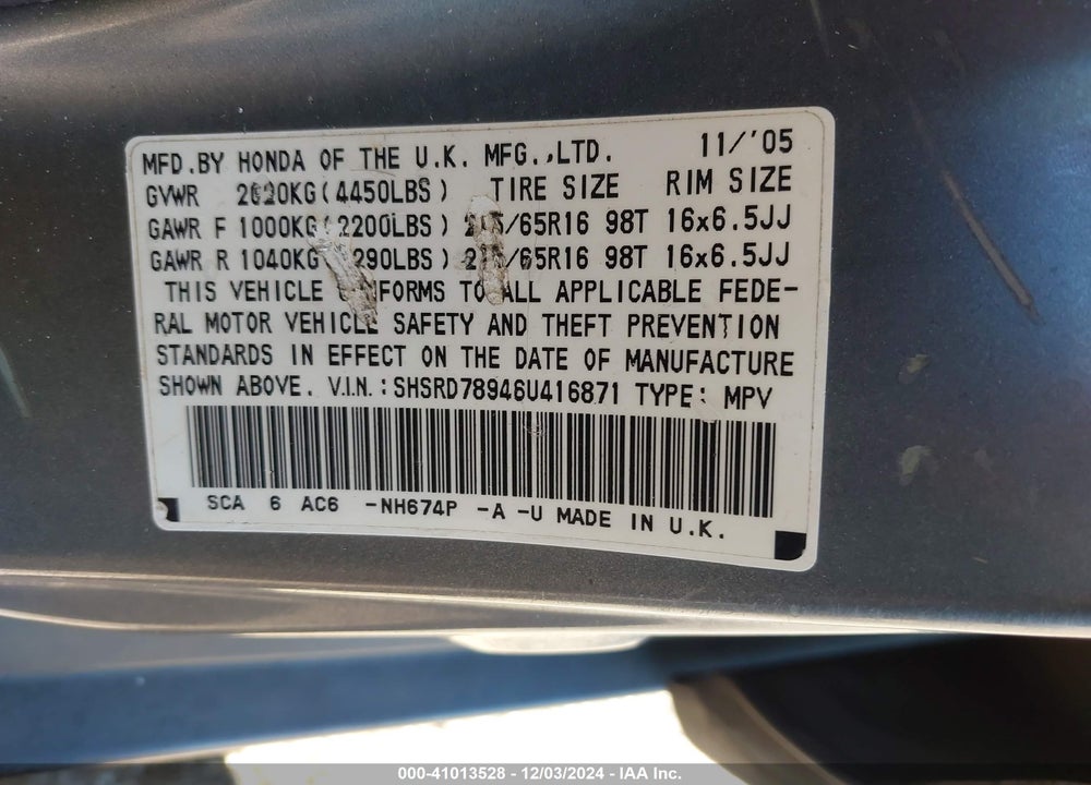 2006 HONDA CR-V SE VIN: SHSRD78946U416871