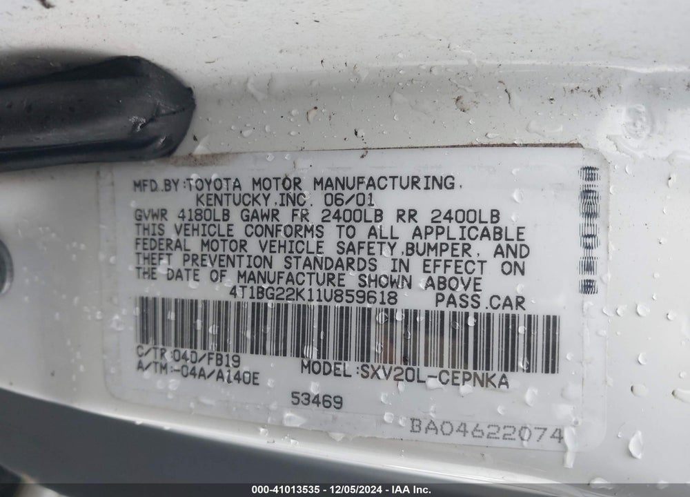 2001 TOYOTA CAMRY LE VIN: 4T1BG22K11U859618