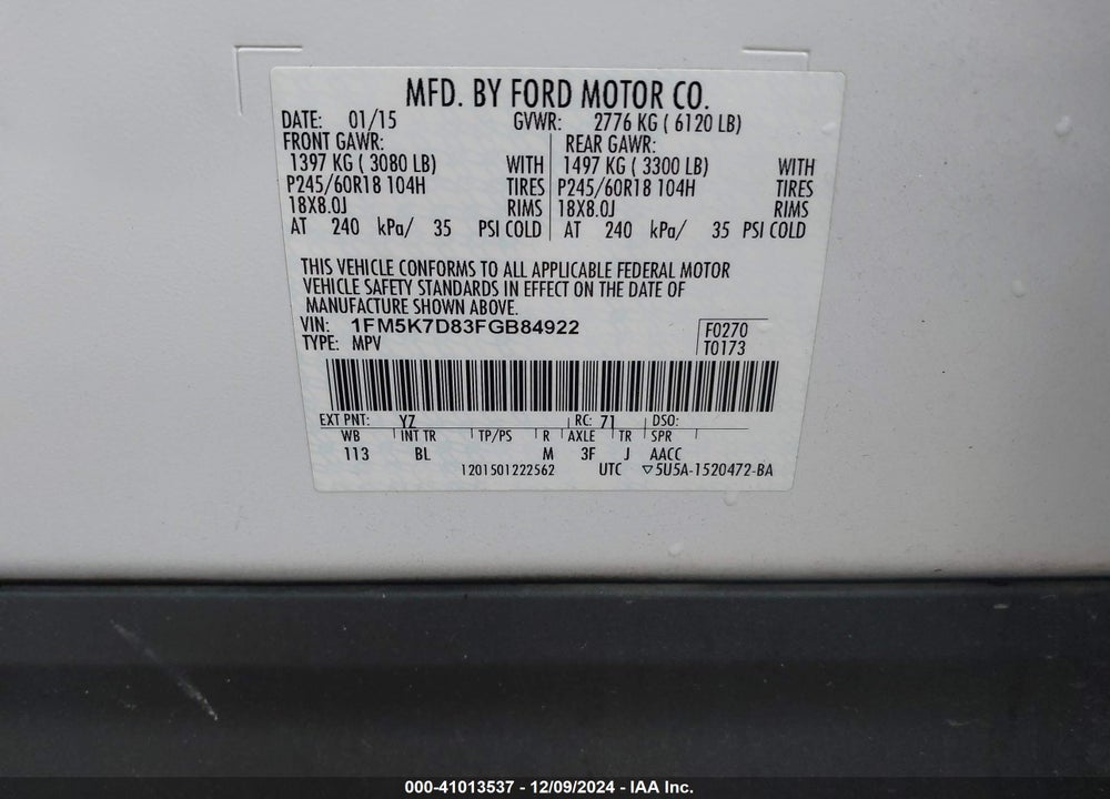 2015 FORD EXPLORER XLT VIN: 1FM5K7D83FGB84922