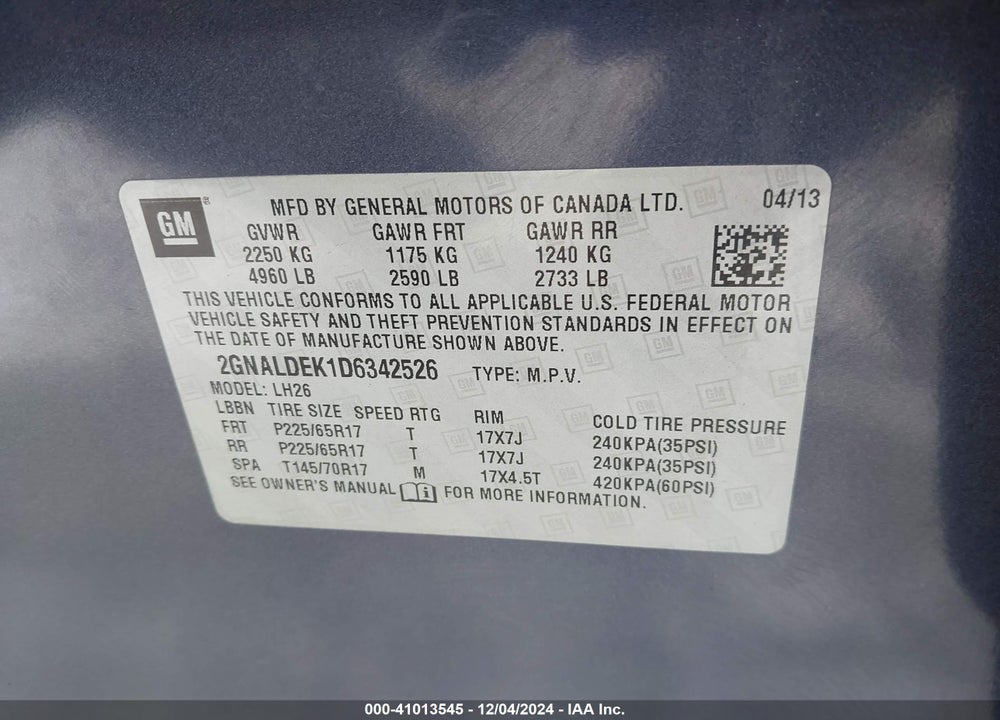 2013 CHEVROLET EQUINOX 1LT VIN: 2GNALDEK1D6342526