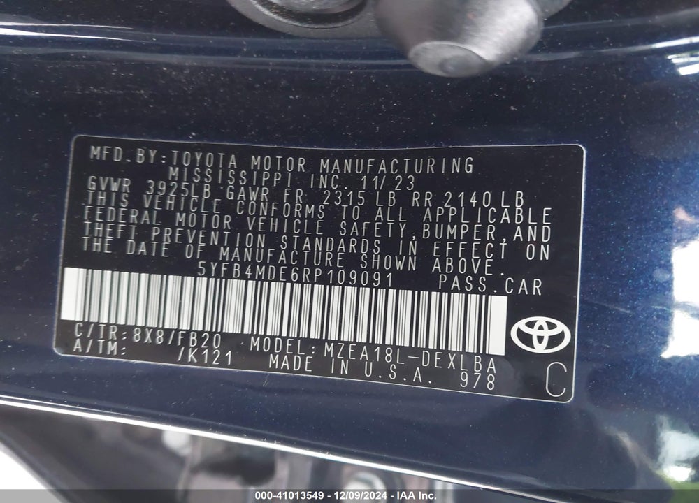 2024 TOYOTA COROLLA LE VIN: 5YFB4MDE6RP109091
