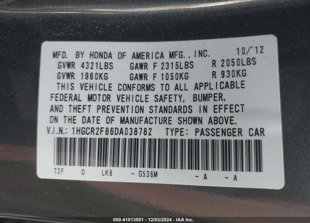 2013 HONDA ACCORD EX-L VIN: 1HGCR2F86DA038782