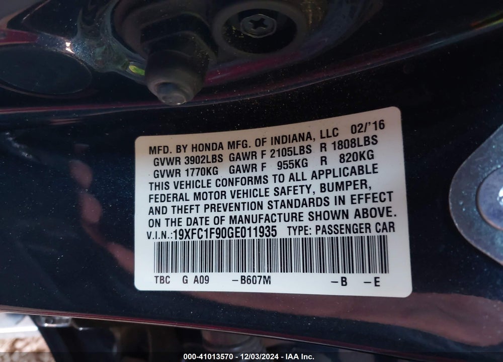 2016 HONDA CIVIC TOURING VIN: 19XFC1F90GE011935