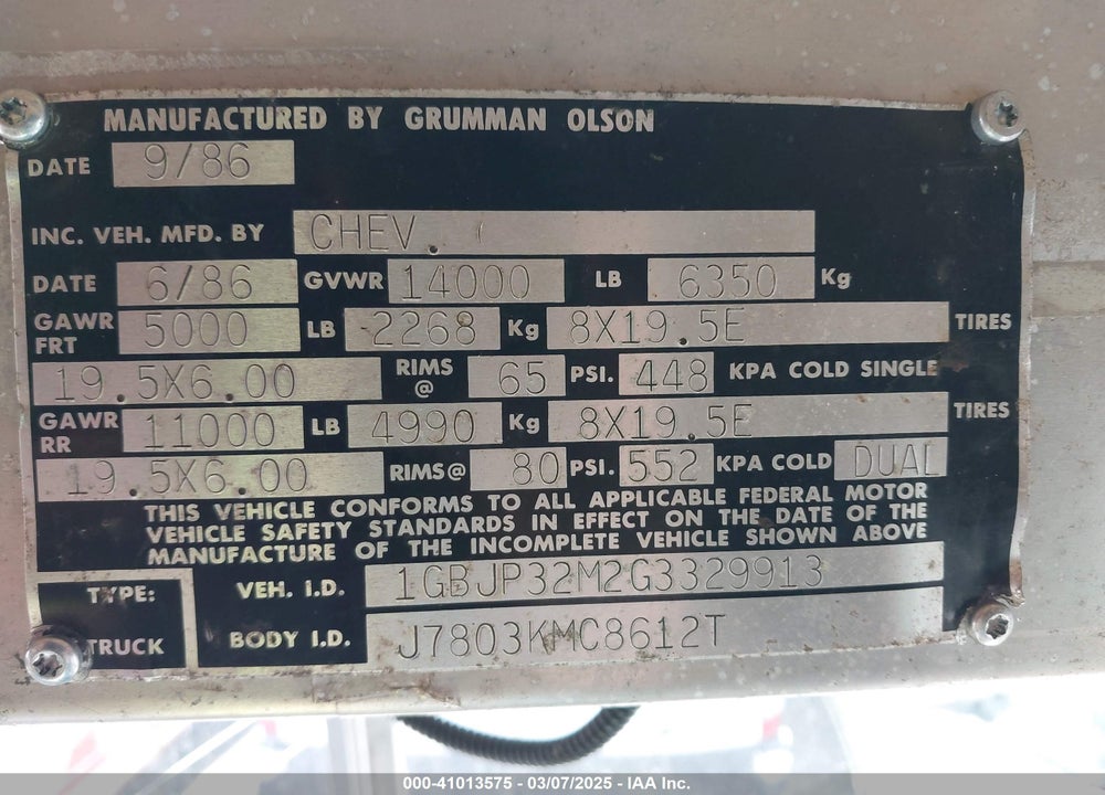 1994 GMC FORWARD CONTROL CHASSIS P3500 VIN: 1GDHP32K2R3501610